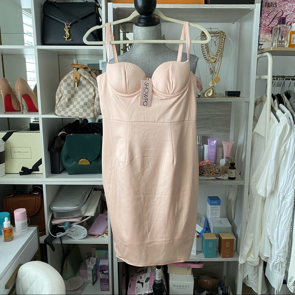 Showpo nude pink satin dress